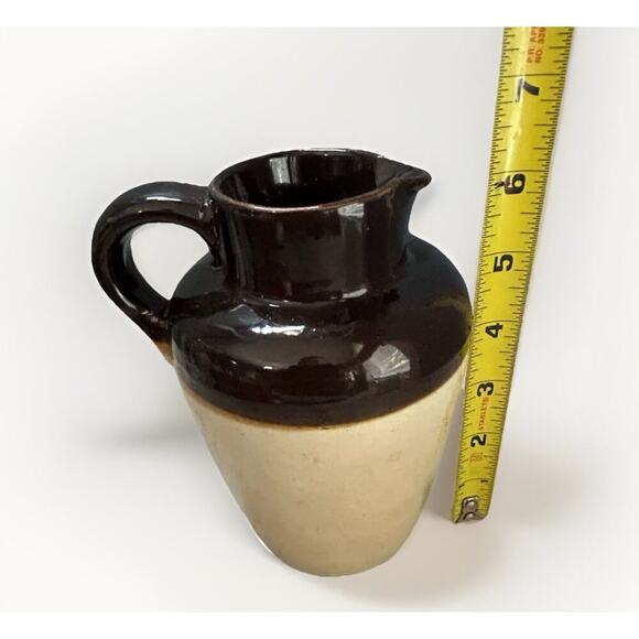Vintage Stoneware Syrup Pitcher Jug Brown Tan Two Tone 6" Tall Vase Cottage Core - Picture 4 of 13